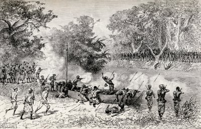 Sir Henry Morton Stanleys Emin-Pascha-Entlastungsexpedition wird von Avisibba-Kannibalen mit vergifteten Pfeilen angegriffen, 1890 (Holzstich) von Edouard Riou