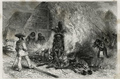 Die Einäscherung eines Roucouyenne (oder Wayana), Stammes, der entlang der Mana- und Maroni-Flüsse lebt, vor dem Scheiterhaufen, Dr. Crevaux, Gravur von Riou, um die Reise der Erkundung im Inneren von Guyana von Dr. Jules Crevaux, Arzt der französischen Ma von Edouard Riou
