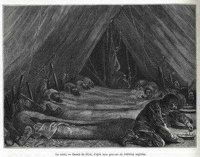 Das Innere des Zeltes auf der Eisscholle, Zeichnung von Riou, um die Geschichte einer Reise zum Polarmeer in 1875-1876 von Kapitän G. S. Nares (1831-1915) zu illustrieren. Gravur in Le tour du monde von Edouard Riou