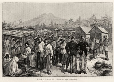 Der Spaziergang im Pager Alam Café (Malaysia). Gravur von Riou zur Illustration der Geschichte 