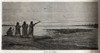 Schildkrötenjagd unter den Conibo-Indianern von Peru. Zeichnung von Riou zur Illustration der Reise von 1848 bis 1860 von P. Marcoy vom Pazifik zum Atlantik. Gravur in „Le tour du monde“, herausgegeben von Edouard Charton von Edouard Riou