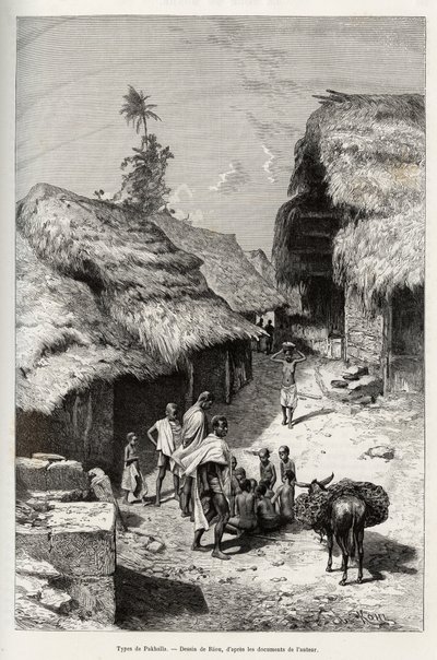 Typen von Pakhala (Elfenbeinküste). Gravur von Riou zur Illustration der Geschichte „Vom Niger zum Golf von Guinea“ von Hauptmann Louis Gustave Binger (1856-1936), veröffentlicht in Le Tour du monde von Edouard Riou