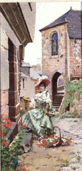 Pariserin mit einem Korb voller Blumen von Edouard Toudouze