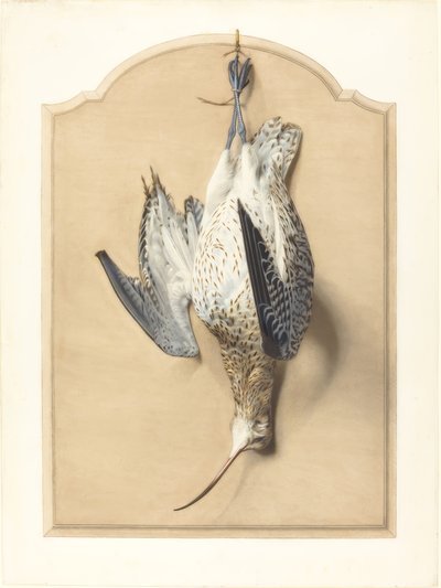 Trompe l’Oeil: Ein Brachvogel an einem Nagel hängend von Edouard Travies