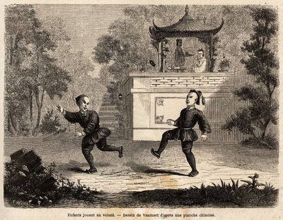 Chinesische Kinder spielen am Rad (Lederball, schwere Metallringe und drei lange Federn), unter der Aufsicht ihrer Mutter. Zeichnung von Vaumort zur Illustration der Reise von Shanghai nach Moskau 1859-1862 von M. de Bourboulon, französischer Minister in C von Edouard Vaumort