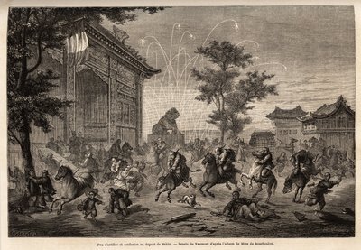 Feuerwerk in Peking und Verwirrung der Besatzung der französischen Gesandtschaft bei der Abreise nach Mongolei. Zeichnung von Vaumort, zur Illustration der Reise von Shanghai nach Moskau, 1859 bis 1862, von M. de Bourboulon, französischer Minister in China von Edouard Vaumort