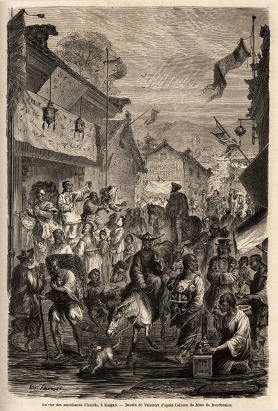 Die Straße der Kleiderhändler, Kalgan, Mongolei. Zeichnung von Vaumort zur Illustration der Reise von Shanghai nach Moskau von 1859 bis 1862 von M. de Bourboulon, französischer Minister in China. Gravur in „Le tour du monde“, herausgegeben von Edouard Char von Edouard Vaumort
