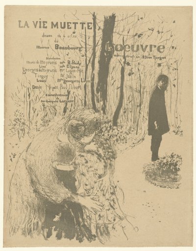 Umschlag für Programmheft mit Frau mit zwei Kindern und Mann im Park für das Theaterstück La vie muette von Edouard Vuillard