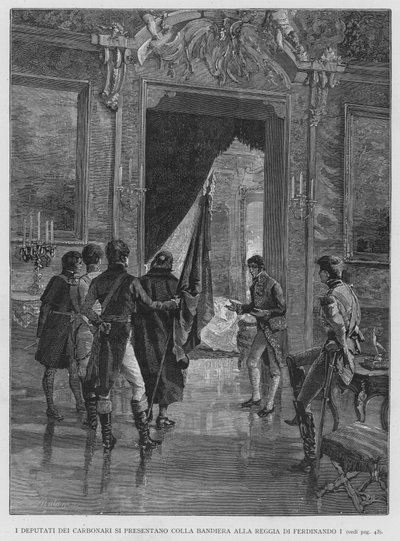 Die Abgeordneten der Carbonari präsentieren die Fahne dem König Ferdinand I. (Gravur) von Edouardo Matania