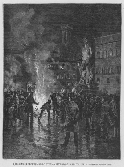Die Florentiner verbrennen das österreichische Wappen auf der Piazza della Signoria (Gravur) von Edouardo Matania