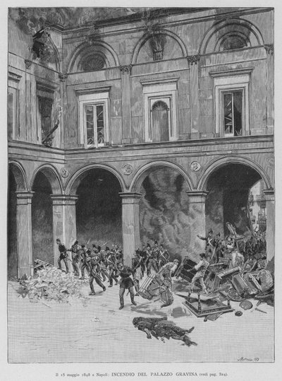 Der 15. Mai 1848 in Neapel, Brand des Palazzo Gravina (Gravur) von Edouardo Matania