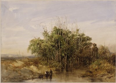 Bambusgebüsch am Wasser, mit Personenstaffage von Eduard Hildebrandt