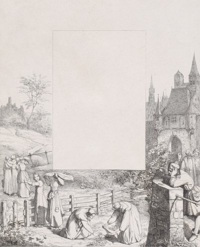 Tafel 5: Frauen sammeln Pflanzen und tragen sie auf ihren Köpfen, ein männlicher Zuschauer rechts (1836) von Eduard Julius Friedrich Bendemann
