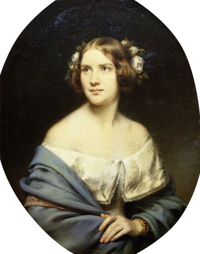 Porträt von Jenny Lind, stehend, halblang in einem weißen Kleid und einem hellblauen Schal von Eduard Magnus