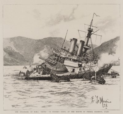Die Strandung der HMS Howe auf den Pereiro-Riffen am Eingang des Hafens von Ferrol, Spanien von Eduardo de Martino