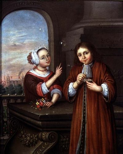 Mädchen zeigt auf einen Jungen, der in einer architektonischen Umgebung Seifenblasen bläst von Edwaert Colyer or Collier