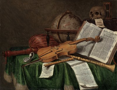 Vanitas-Stillleben mit einem astrologischen Globus, einer Geige, einem Schädel, einer Sanduhr, einem offenen Buch, einer Partitur, einer Uhr, einer Laute und anderen Musikinstrumenten auf einem drapierten Tisch, 1680er Jahre von Edwaert Colyer or Collier