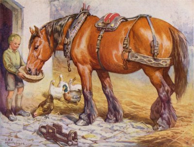 Junge füttert ein Pferd auf einem Bauernhof von Edward Brice Montefiore