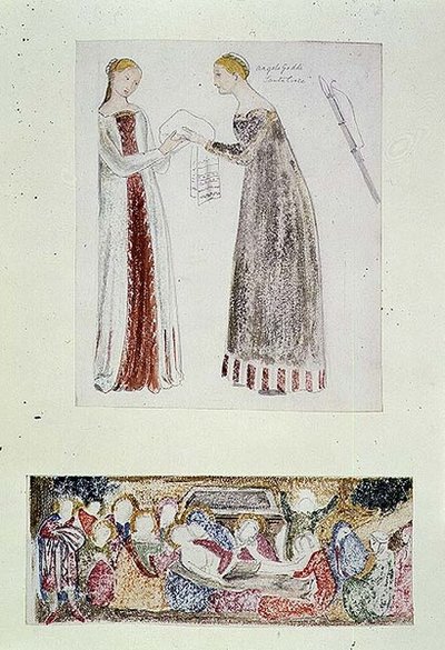 Nr.1084-f.10 Zwei Mägde, Kopie aus Die Geburt Mariens von Giovanni da Milano aus der Rinuccini-Kapelle, Florenz; Die Klage von Edward Coley Burne Jones