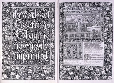 Titelseite und erste Seite aus der Kelmscott Press Ausgabe von "The Works of Geoffrey Chaucer", 1896 von Edward Burne Jones