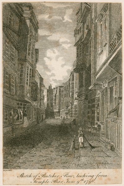 Skizze von Butcher Row, Blick von Temple Bar, 9. Juni 1796 von Edward Dayes