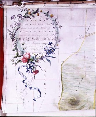 Archiv 5614 Beschreibende Kartusche eines Plans des Herrenhauses von Alton Barns, das zum New College, Oxford gehört von Edward Eyre