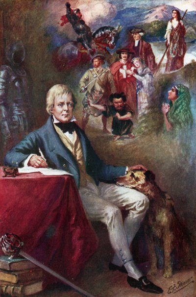 Sir Walter Scott und einige seiner berühmtesten Kreationen (Farblithografie) von Edward Frederick Skinner