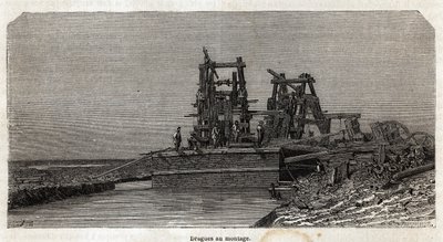 Bagger auf dem Suezkanal, Zeichnung von Grenet, zur Illustration eines Ausflugs zum Suezkanal im Jahr 1862 von Paul Merruau. Gravur in „Le tour du monde“, herausgegeben von Edouard Charton von Edward Grenet