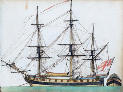 Britisches Schiff mit 20 Kanonen, zeigt Takelage und ein Schiffsboot, und eine separate Ansicht des Hecks, ca. 1780 von Edward Gwyn