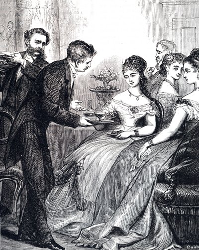 Gravur, die einen Gentleman zeigt, der einer Dame ein Gelee-Gericht bei einem Abendessen reicht von Edward Hughes