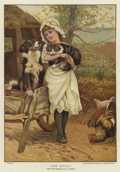 Ein junges Mädchen hält eine Katze in den Armen neben einem Hund von Edward Killingworth Johnson