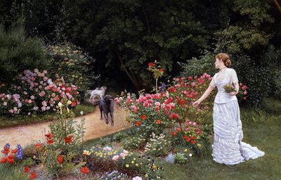 Die Ankunft 1878. Eine elegante Frau in einem weißen Kleid pflückt Blumen (Rosen) in einem Garten. In ihrer Nähe kommen Hunde an, die die Ankunft einer Person signalisieren. von Edward Killingworth Johnson