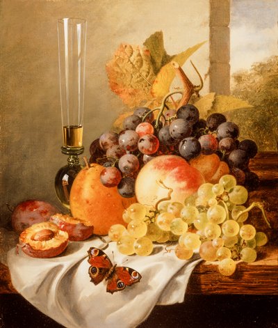 Früchte auf einem drapierten Sims mit einem Roten Admiral von Edward Ladell
