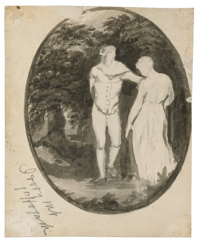 Ein Paar in einer bewaldeten Landschaft, oval (Rückseite), um 1838-1848 von Edward Lear