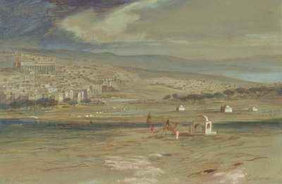 Ein Blick auf die Stadt Hebron mit Kamelen und Figuren im Vordergrund von Edward Lear