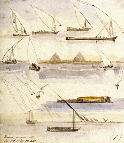 Studie verschiedener ägyptischer Boote (Dahabeeyahs und Gyassis), mit einer Szene vor den Pyramiden von Gizeh (Kairo) in der Mitte der Seite von Edward Lear