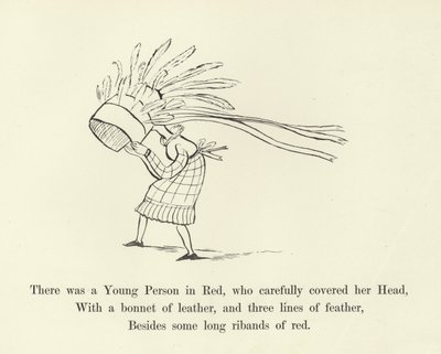 Es war eine junge Person in Rot, die sorgfältig ihren Kopf bedeckte von Edward Lear