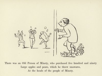 Es war eine alte Person aus Minety, die fünfhundertneunzig große Äpfel und Birnen kaufte von Edward Lear