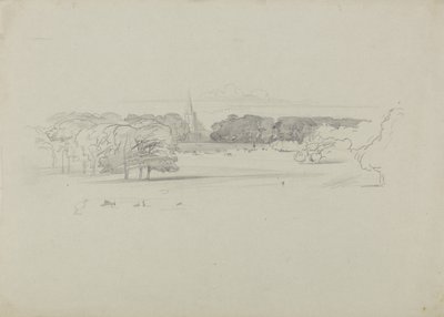 Blick über eine Wiese zu einer Kirche von Edward Lear