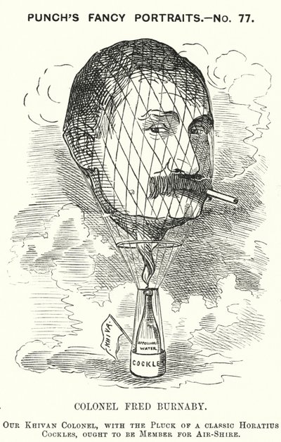 Punch-Karikatur: Frederick Burnaby, britischer Armee-Geheimdienstoffizier und Ballonfahrer (Gravur) von Edward Linley (after) Sambourne