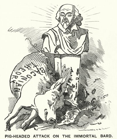 Karikatur: Sturköpfiger Angriff auf den unsterblichen Barden - die Theorie, dass die Stücke von William Shakespeare tatsächlich von Sir Francis Bacon geschrieben wurden (Gravur) von Edward Linley (after) Sambourne