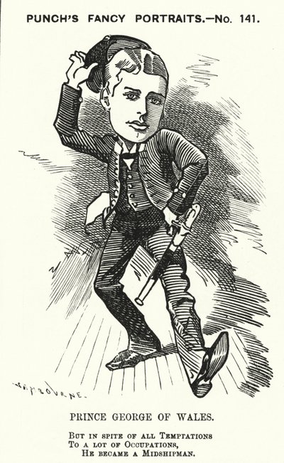 Karikatur von Punch: Prinz Georg von Wales, der zukünftige König Georg V., als Seekadett in der Royal Navy (Stich) von Edward Linley (after) Sambourne
