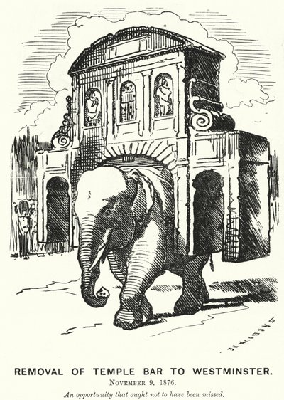 Punch-Karikatur: Entfernung von Temple Bar nach Westminster von Edward Linley (after) Sambourne