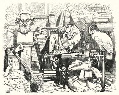 Punch-Karikatur: Schriftsteller bei der Arbeit in seinem Arbeitszimmer von Edward Linley (after) Sambourne