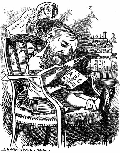 Evelyn Ashley (1836-1907) englischer Autor und liberaler Politiker: Sohn des 7. Earl of Shaftesbury. Karikatur von Edward Linley Sambourne in der Serie Fancy Portraits aus Punch London April 1881, als Ashley Unterstaatssekretär im Handelsministerium war. von Edward Linley Sambourne
