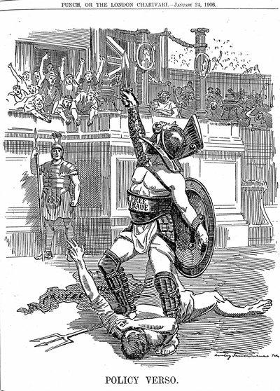 Mit der Rückkehr der liberalen Regierung in Großbritannien im Dezember 1905 war Freihandel die Politik, im Gegensatz zur konservativen Politik des Schutzes durch Zölle. Karikatur von Edward Linley Sambourne aus Punch London, 24. Januar 1906 von Edward Linley Sambourne