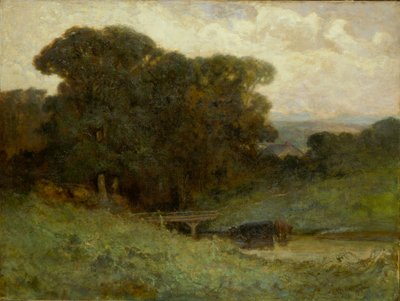 Ohne Titel (Waldszene mit Brücke, Kühe im Bach im Vordergrund) von Edward Mitchell Bannister