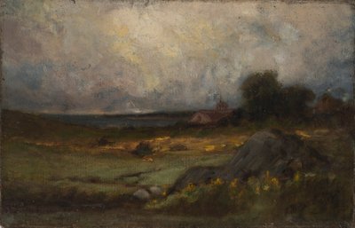 Ohne Titel (Landschaft mit Felsen im Vordergrund und Dach mit Turm, See im Hintergrund) von Edward Mitchell Bannister