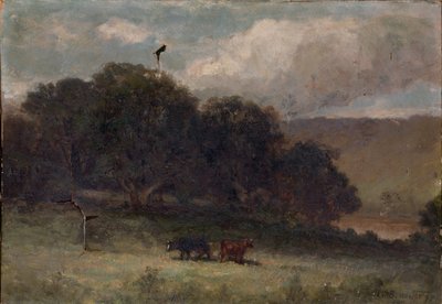 Ohne Titel (Landschaft mit Bäumen und zwei Kühen auf der Wiese) von Edward Mitchell Bannister