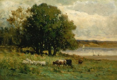 Unbetitelt, Rinder nahe einem Fluss mit Segelboot in der Ferne von Edward Mitchell Bannister